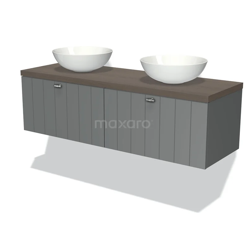 Badmöbel für Aufsatzwaschbecken 140cm Modulo Plato Mittelgrau 2 Schubladen Lamelle dunkelbraune Eiche Platte BMK12-00584 Graues Holz-Badmöbel mit doppeltem Aufsatzwaschbecken und Regal, modernes Design für eine stilvolle Badezimmergestaltung.