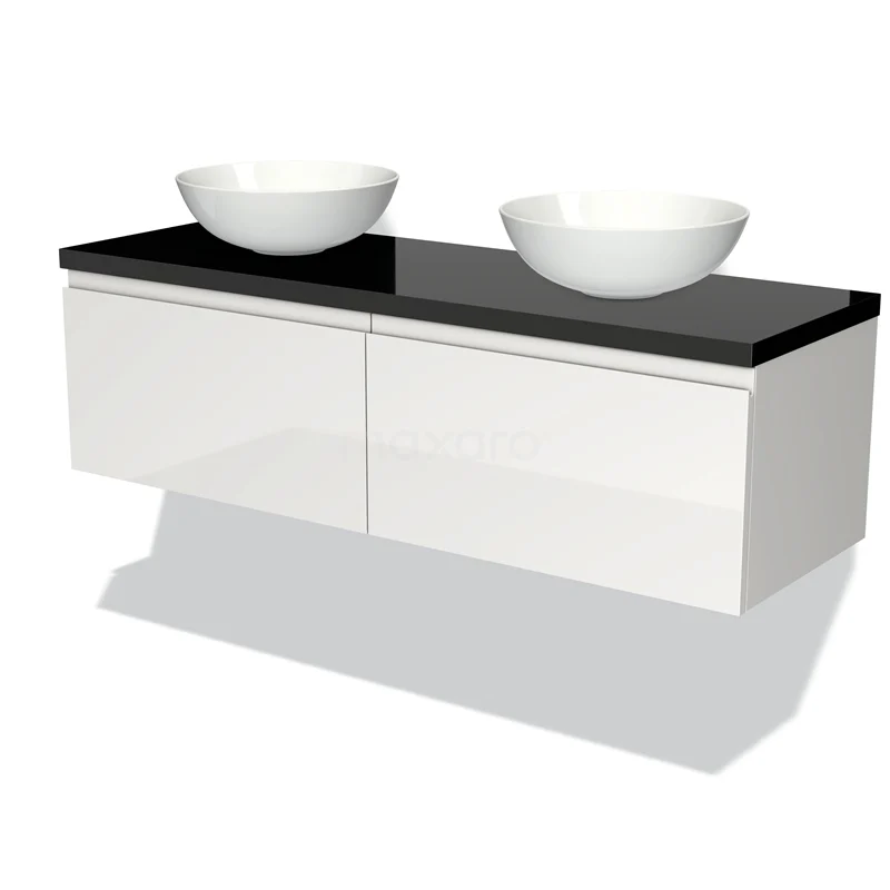 Modulo Plato Vanity units for countertop basin | 140 cm High-gloss white Handle-less front High-gloss black worktop 2 Side-by-side drawers BMK12-00609