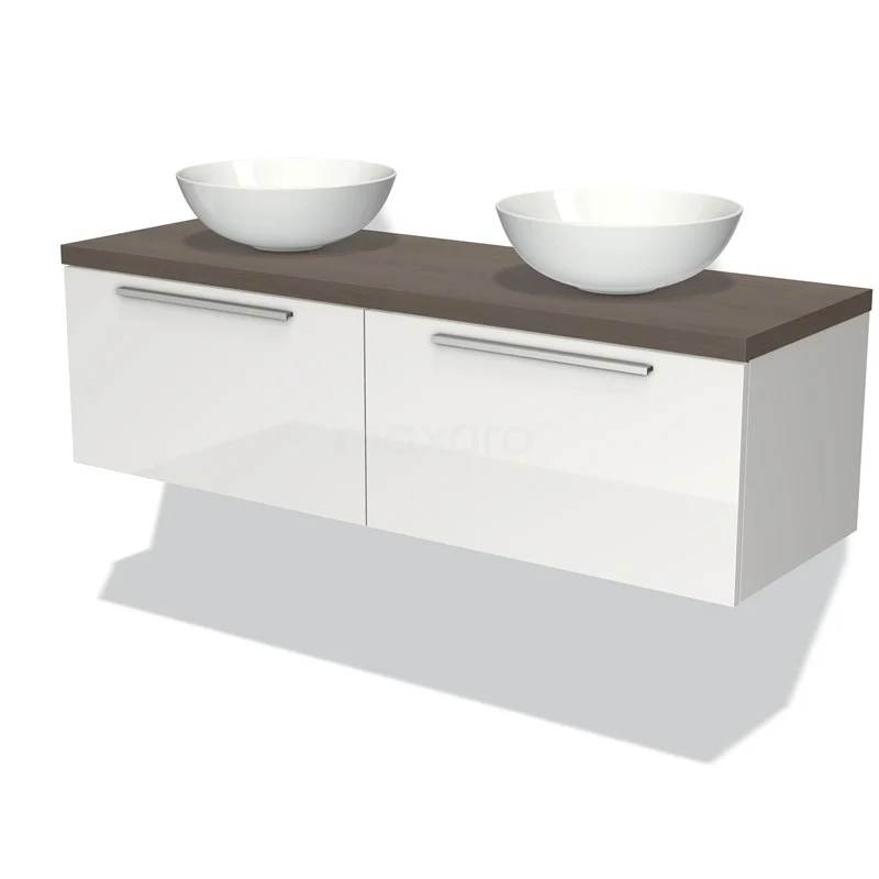 White vanity units with double basin, floating design, wooden worktop and modern handles for stylish bathroom design.