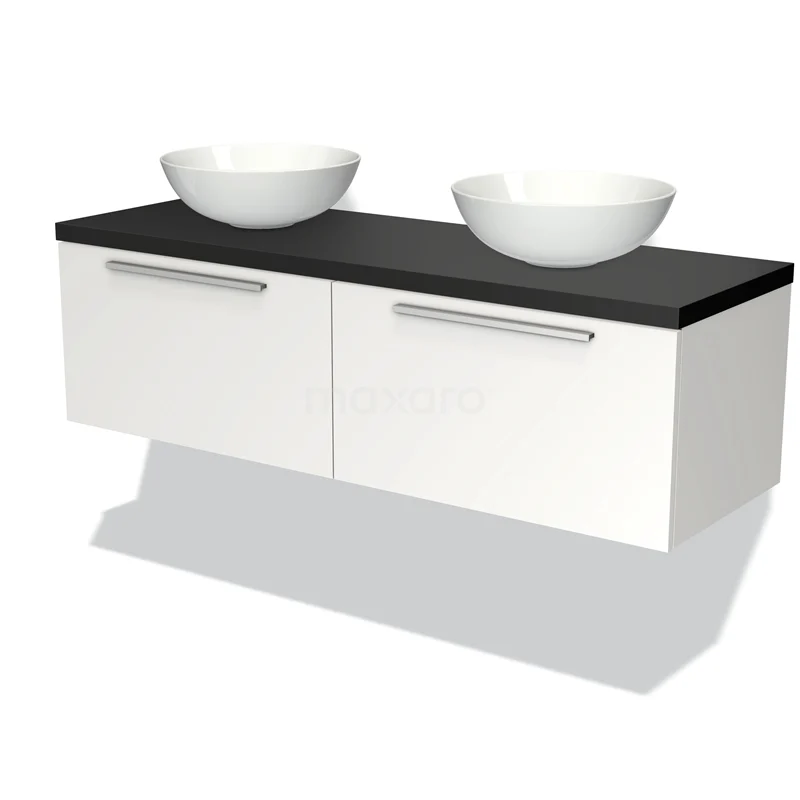 Modulo Plato Vanity units for countertop basin | 140 cm Matte white Flat front Matte black worktop 2 Side-by-side drawers BMK12-00634