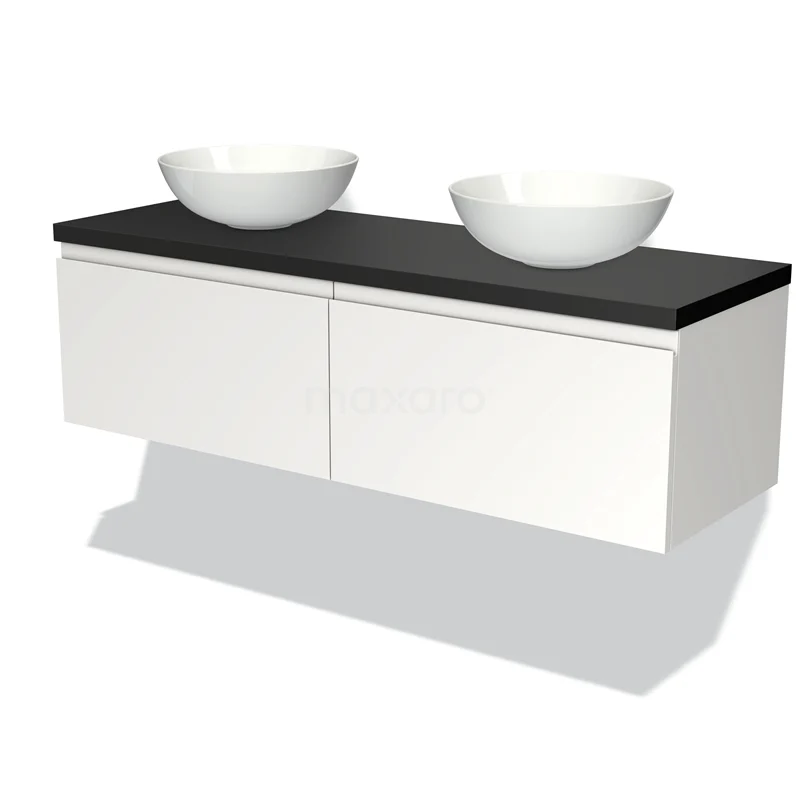 Modulo Plato Vanity units for countertop basin | 140 cm Matte white Handle-less front Matte black worktop 2 Side-by-side drawers BMK12-00636