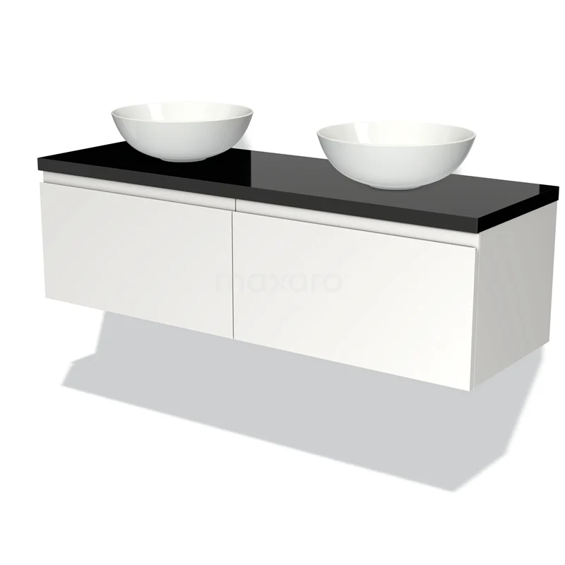 Modulo Plato Vanity units for countertop basin | 140 cm Matte white Handle-less front High-gloss black worktop 2 Side-by-side drawers BMK12-00648