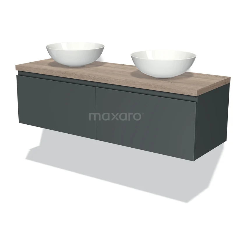 Badmöbel für Waschtischunterschrank mit Konsole 140cm Modulo Plato Dunkelgrau 2 Schubladen Grifflos Eiche Platte BMK12-00690 Dunkelgraue schwebende Badmöbelset mit Holzlook Platte und zwei runden weißen Waschbecken, ideal für ein modernes Badezimmer.