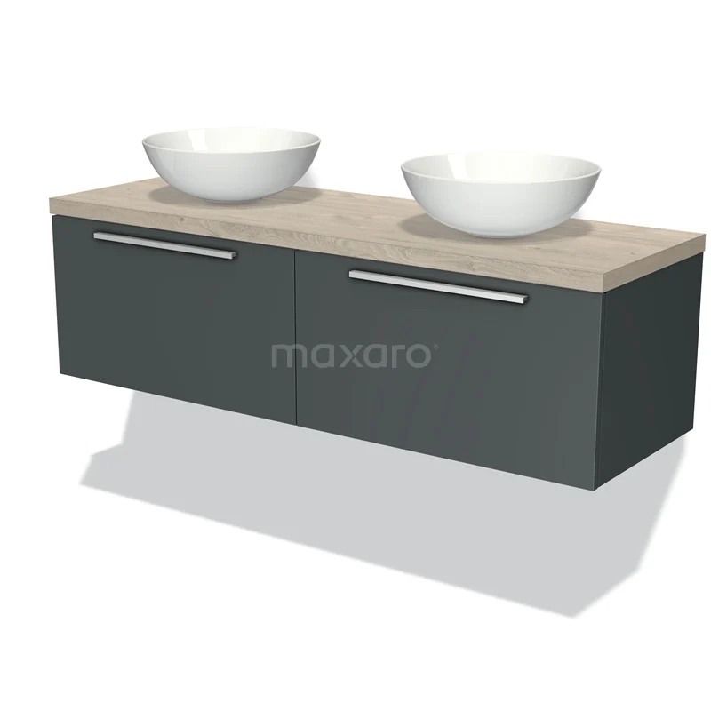 Badmöbel für Aufsatzwaschbecken 140cm Modulo Plato Dunkelgrau 2 Schubladen Flach hellgraue Eiche Platte BMK12-00691 Antrazit Badezimmermöbel mit Holz Platte, zwei weiße Aufsatzwaschbecken, moderner Stil, ideal für stilvolle Badezimmerinrichtung.