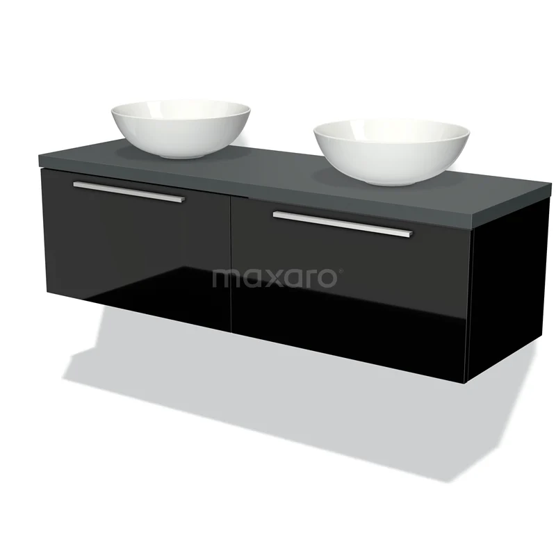 Waschtischunterschrank mit Konsole 140cm Modulo Plato Hochglanz Schwarz 2 Schubladen Flach Dunkelgrau Platte BMK12-00724 Schwarze Badmöbel mit zwei weißen runden Aufsatzwaschbecken, glänzender Oberfläche und modernen chromfarbenen Haltegriffen.