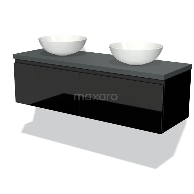 Badmöbel für Aufsatzwaschbecken 140cm Modulo Plato Hochglanz Schwarz 2 Schubladen Grifflos Dunkelgrau Platte BMK12-00726 Schwarze Badmöbelset mit hängendem Design, Doppelwaschbecken und Glasplatte, ideal für moderne Badezimmergestaltung.