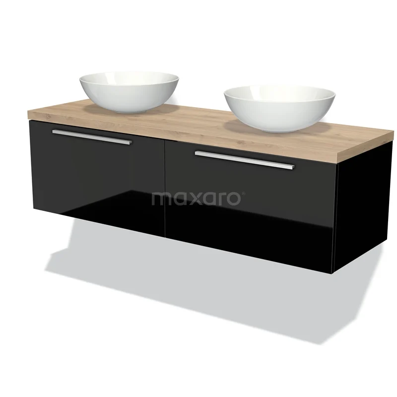 Modulo Plato Vanity units for countertop basin | 140 cm High-gloss black Flat front Light brown oak worktop 2 Side-by-side drawers BMK12-00733