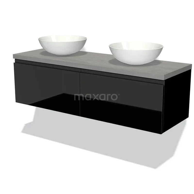 Black vanity unit set with two white basins, matte white top, modern design for stylish bathroom design.