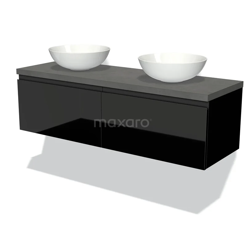 Modulo Plato Vanity units for countertop basin | 140 cm High-gloss black Handle-less front Dark grey concrete worktop 2 Side-by-side drawers BMK12-00750