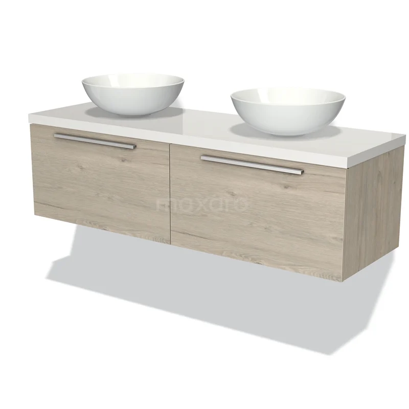 Modulo Plato Vanity units for countertop basin | 140 cm Light grey oak Flat front High-gloss white worktop 2 Side-by-side drawers BMK12-00781