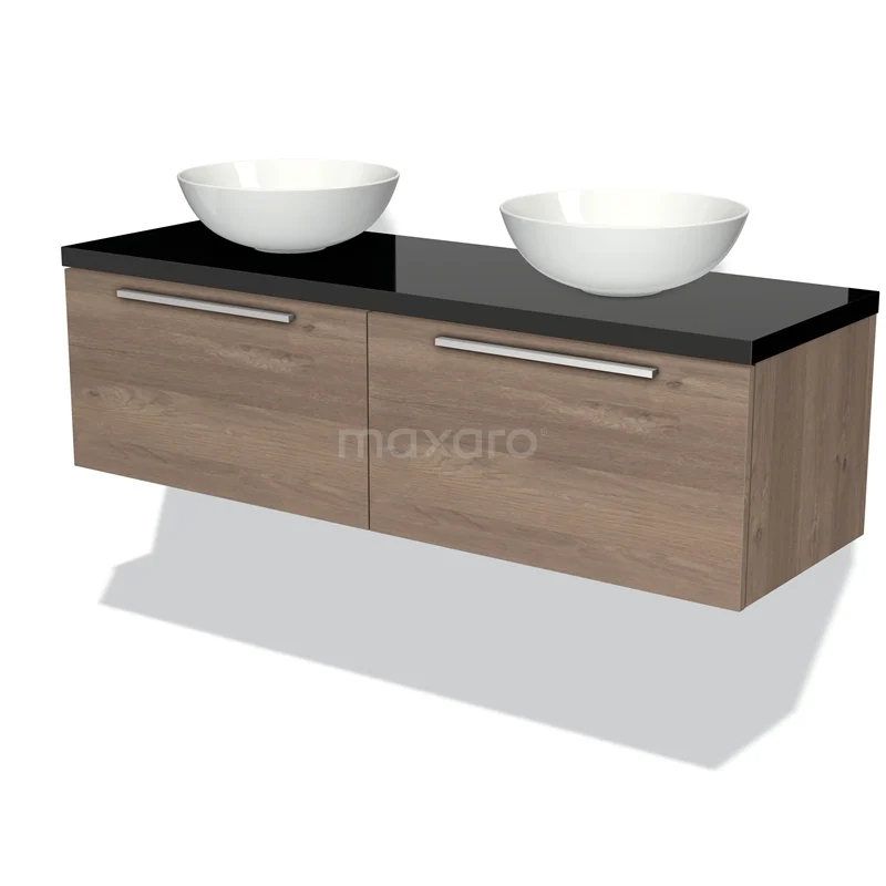 Badmöbelunterschrank mit Konsole 140cm Modulo Plato mittelbraune Eiche 2 Schubladen Flach Hochglanz Schwarz Platte BMK12-00839 Hölzernes Badezimmermöbel mit doppeltem Aufsatzwaschbecken, schwarzer Glasplatte und modernem Haltegriffdesign. Ideal für stilvolle Bäder.