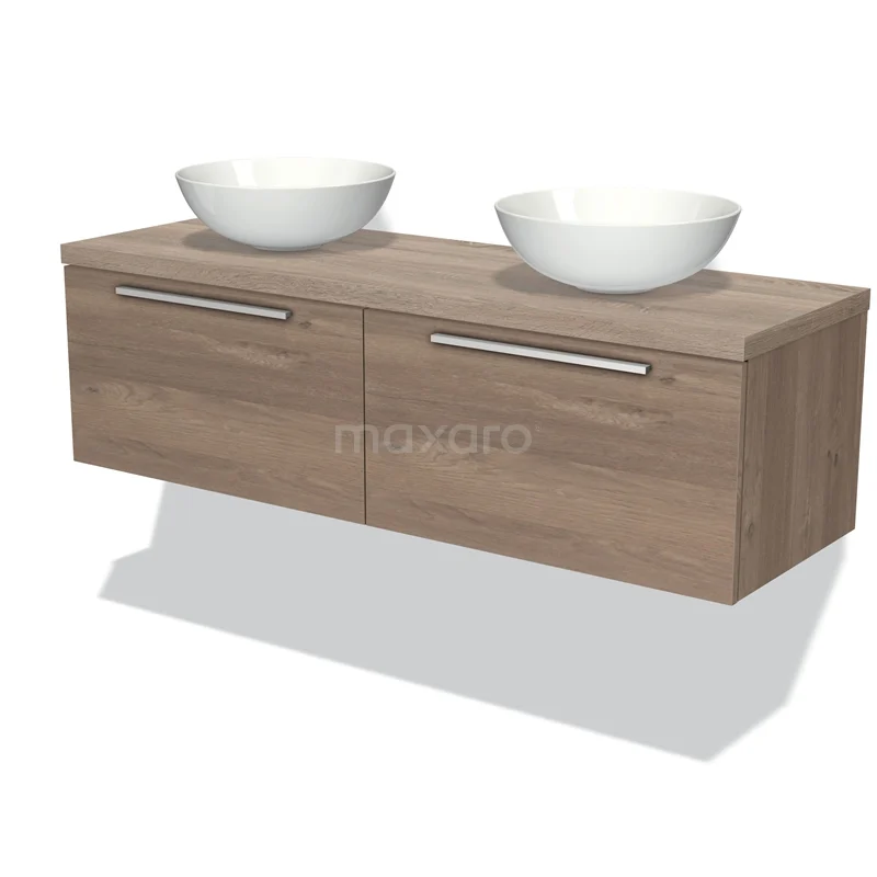 Badmöbelunterschrank mit Konsole 140cm Modulo Plato mittelbraune Eiche 2 Schubladen Flache Platte aus Eiche BMK12-00841 Holz Badezimmermöbel mit zwei weißen Waschbecken, zeitgemäßes Design, ideal für ein modernes Badezimmer.