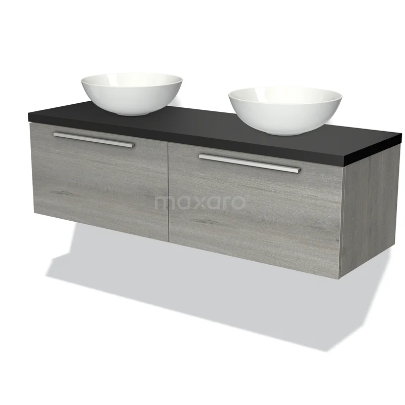 Modulo Plato Vanity units for countertop basin | 140 cm Grey oak Flat front Matte black worktop 2 Side-by-side drawers BMK12-00881