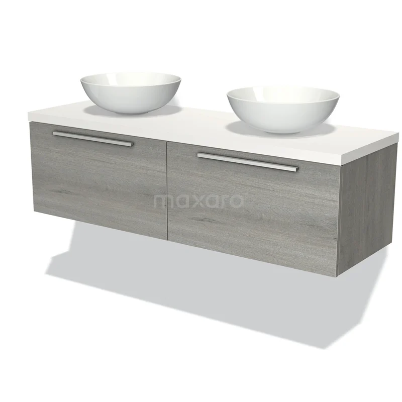 Waschtischunterschrank mit Konsole 140cm Modulo Plato Graue Eiche 2 Schubladen Flach Matt Weiß Platte BMK12-00887 Doppelwaschbecken-Set mit runden Schalen, grauem Holzunterbau und modernen Haltegriffen, perfekt für ein stilvolles Badezimmer.