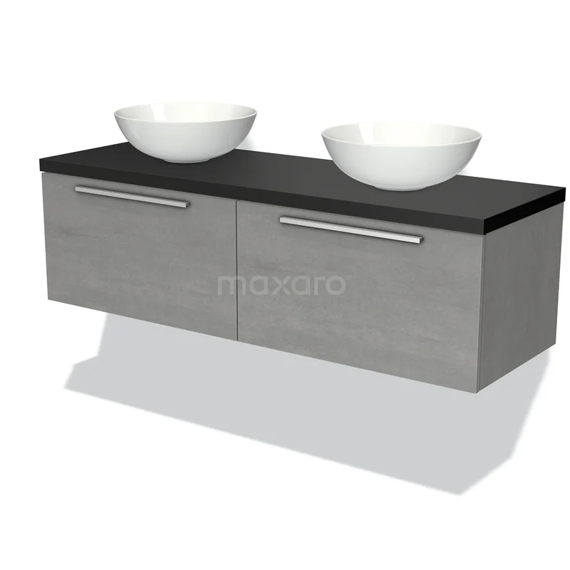 Modulo Plato Vanity units for countertop basin | 140 cm Light grey concrete Flat front Matte black worktop 2 Side-by-side drawers BMK12-00907