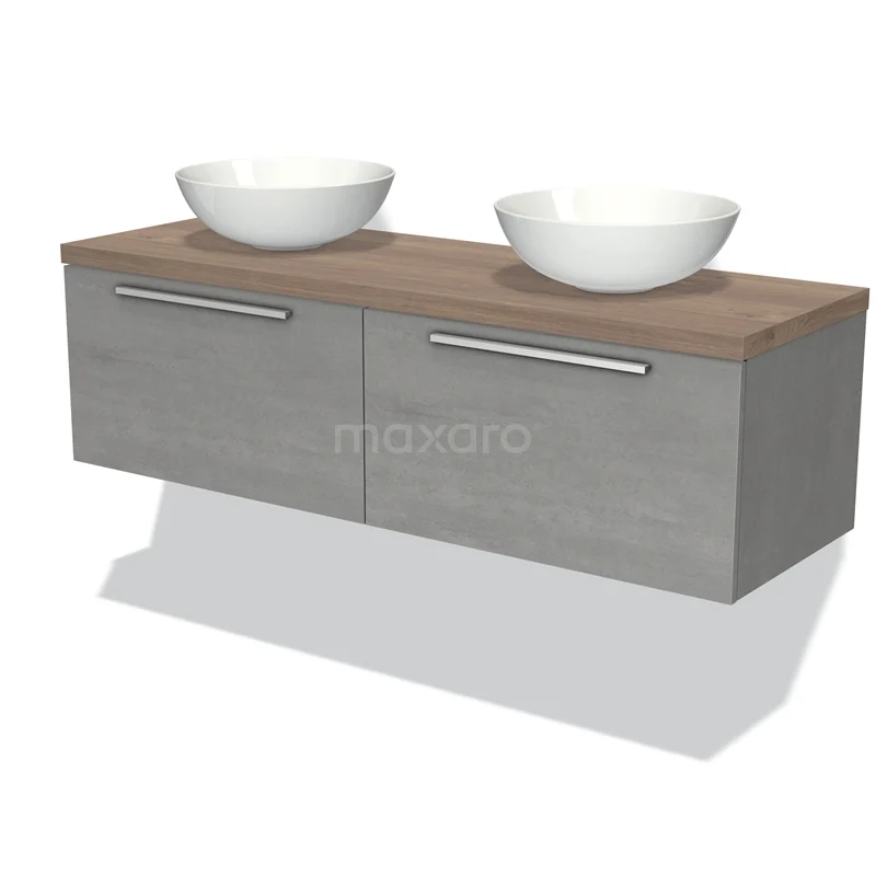Modulo Plato Vanity units for countertop basin | 140 cm Light grey concrete Flat front Mid brown oak worktop 2 Side-by-side drawers BMK12-00916