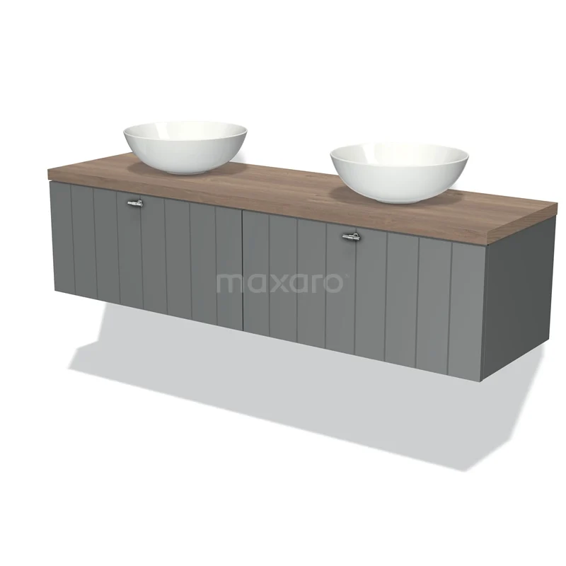 Badmöbel für Aufsatzwaschbecken 160cm Modulo Plato Mittelgrau 2 Schubladen Laminat Mittelbraune Eiche Platte BMK12-00961 Grau hängendes Badezimmermöbel mit Holzlook Platte und doppelten weißen Waschbecken, modernes Design für stilvolle Bäder.