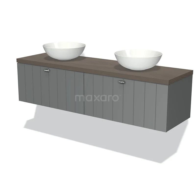 Modulo Plato Vanity units for countertop basin | 160 cm Mid grey Slat front Dark brown oak worktop 2 Side-by-side drawers BMK12-00964