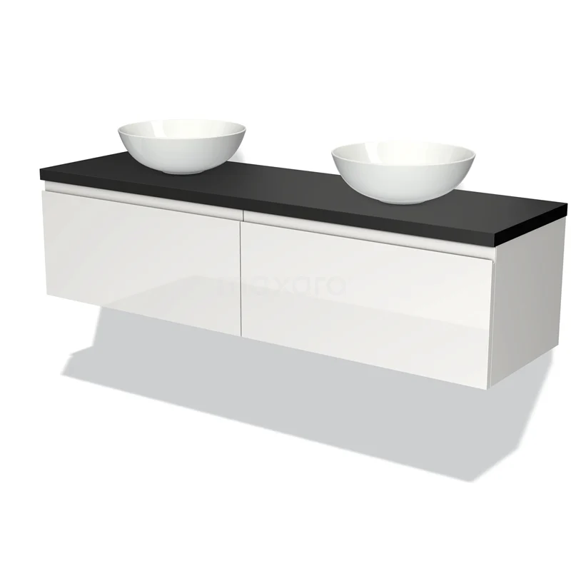 Badmöbel für Aufsatzwaschbecken 160cm Modulo Plato Hochglanz Weiß 2 Schubladen Grifflos Matt Schwarz Platte BMK12-00968 Weißes schwebendes Badmöbel mit schwarzer Platte und zwei runden Waschbecken, ideal für moderne Badezimmer.