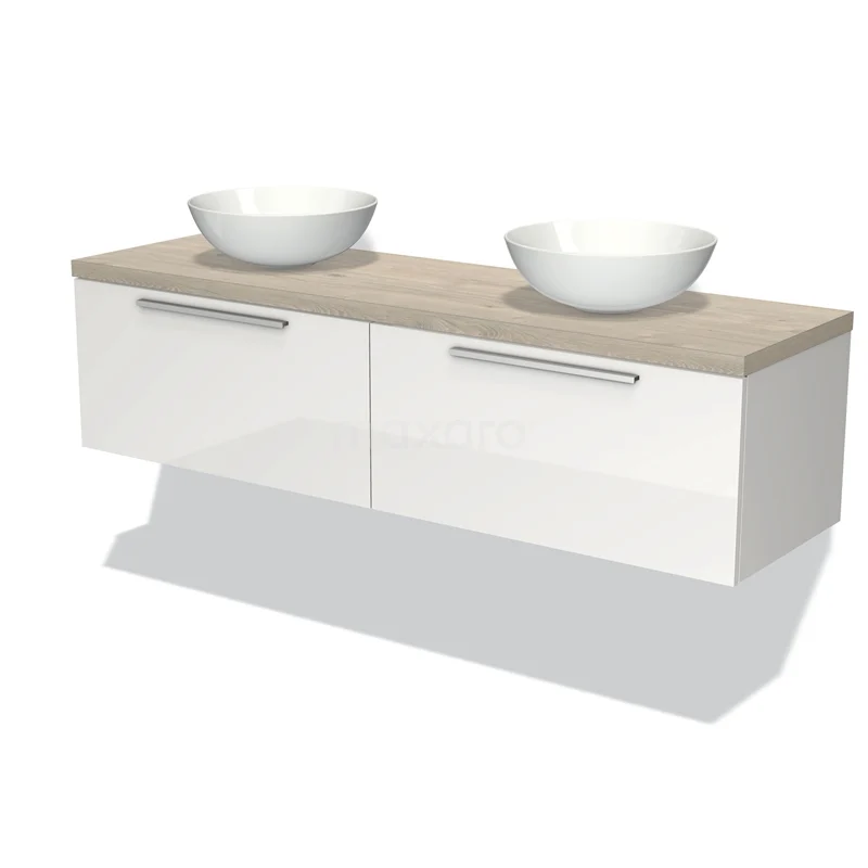 Waschtischunterschrank mit Konsole 160cm Modulo Plato Hochglanz Weiß 2 Schubladen Flach Hellgraue Eiche Platte BMK12-00969 Moderne weiße Badmöbelset mit zwei Waschbecken und Holzlook Platte, ideal für eine stilvolle und praktische Badezimmer Einrichtung.