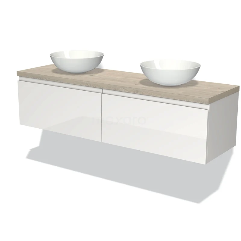Badmöbel für Aufsatzwaschbecken 160cm Modulo Plato Hochglanz Weiß 2 Schubladen Grifflos Hellgraue Eiche Platte BMK12-00971 Weißes schwebendes Waschtisch mit zwei runden Aufsatzwaschbecken, Holzlook Platte, modernes Design für stilvolle Badezimmergestaltung.