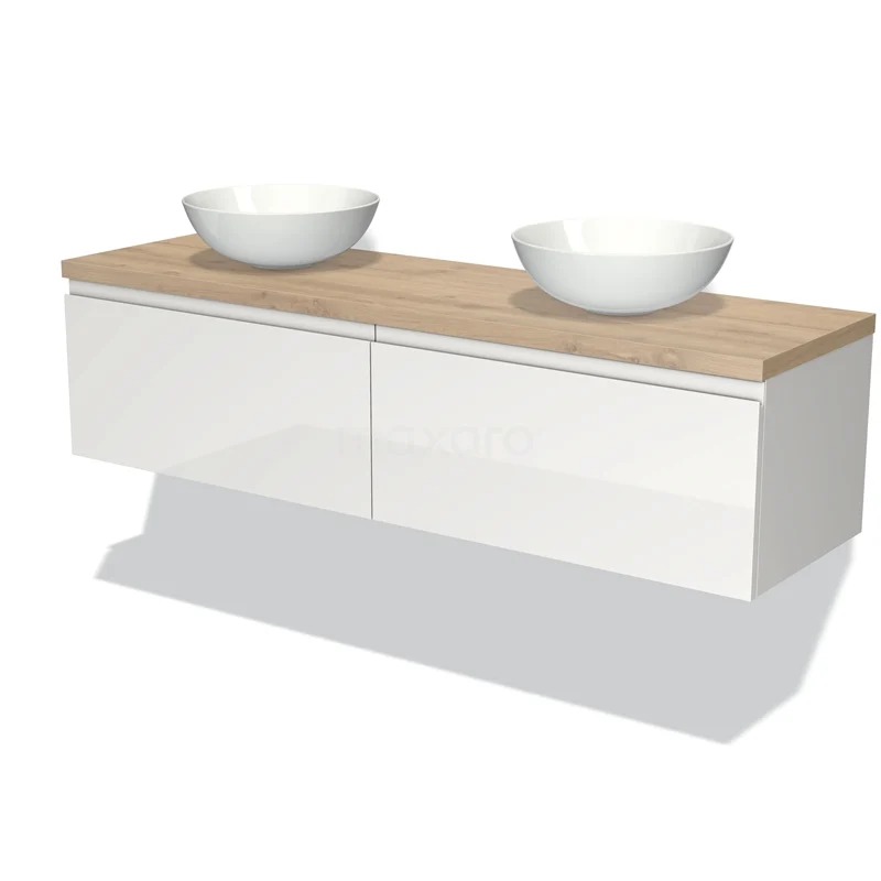 Badmöbel für Aufsatzwaschbecken 160cm Modulo Plato Hochglanz Weiß 2 Schubladen Grifflos Hellbraune Eiche Platte BMK12-00974 Weißes schwebendes Badmöbel mit zwei Aufsatzwaschbecken, Holzplatte und moderner Ausführung für eine stilvolle Badezimmer Einrichtung.