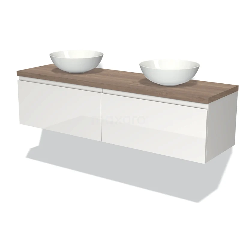 Badmöbel für Aufsatzwaschbecken 160cm Modulo Plato Hochglanz Weiß 2 Schubladen Grifflos mittelbraune Eiche Platte BMK12-00977 Weißes Holz Badezimmermöbel mit zwei Aufsatzwaschbecken, hängendes Design, moderne Ausstrahlung und einer Eiche Platte.
