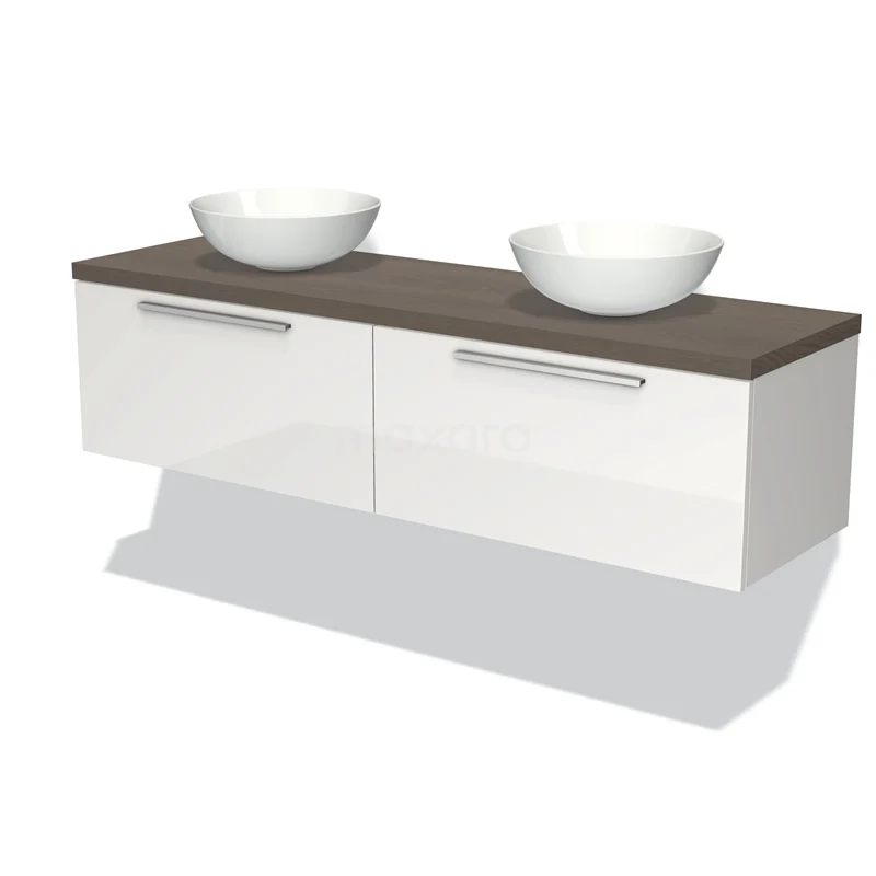 Badmöbel für Aufsatzwaschbecken 160cm Modulo Plato Hochglanz Weiß 2 Schubladen Flach dunkelbraune Eiche Platte BMK12-00978 Weißes Wandmöbel mit Holzlook Platte und zwei modernen Waschbecken, perfekt für eine stilvolle und funktionale Badezimmer Einrichtung.