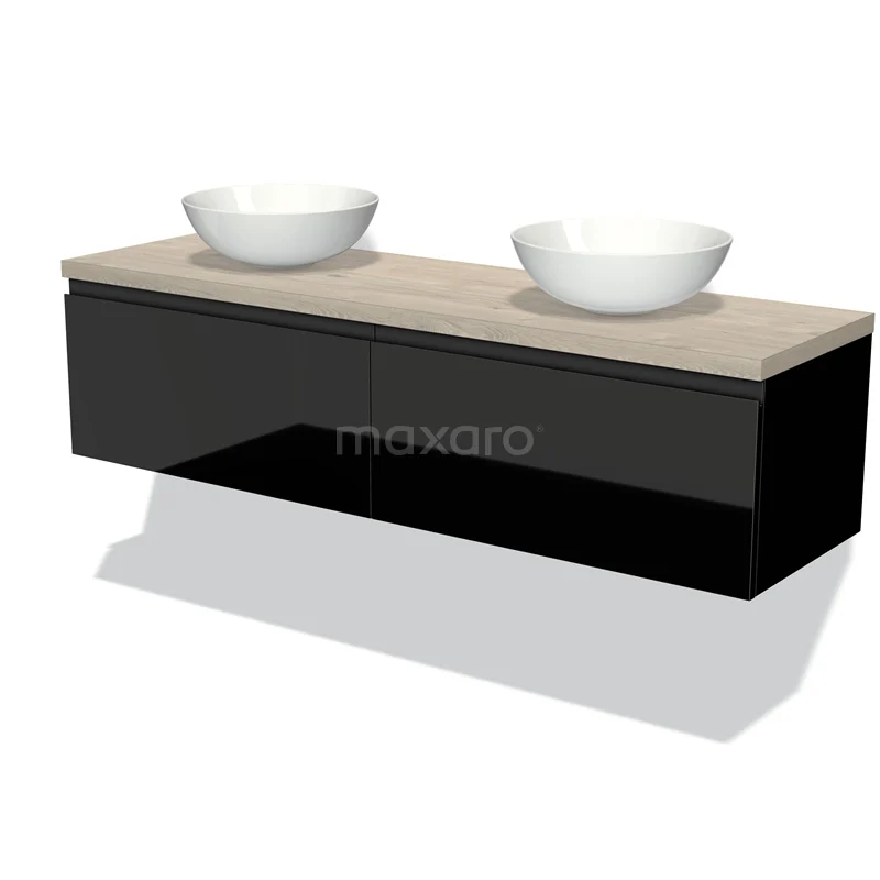 Modulo Plato Vanity units for countertop basin | 160 cm High-gloss black Handle-less front Light grey oak worktop 2 Side-by-side drawers BMK12-01025