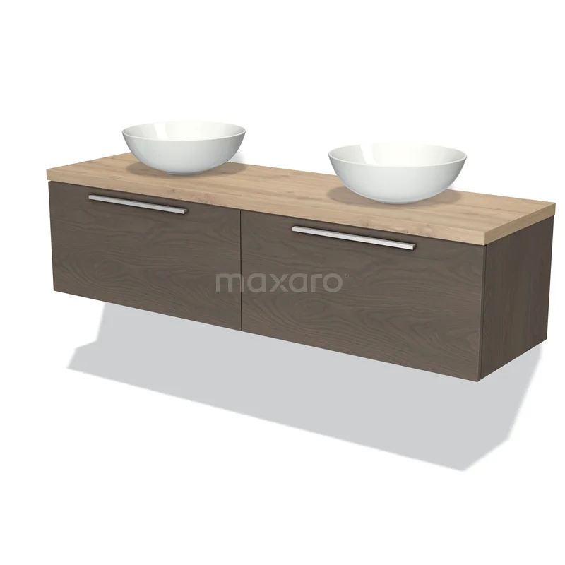 Badmöbel für Waschtischunterschrank mit Konsole 160cm Modulo Plato dunkelbraune Eiche 2 Schubladen Flach hellbraune Eiche Platte BMK12-01083 Holz Badezimmermöbel mit Doppelwaschbecken, moderne schwebende Ausführung, dunkle Eiche und weiße Keramikkellen.