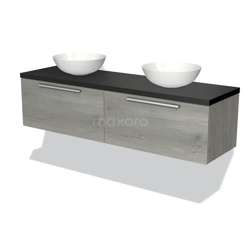 Badmöbel für Waschtischunterschrank mit Konsole 160cm Modulo Plato Graue Eiche 2 Schubladen Flach Matt Schwarz Platte BMK12-01087 Graue schwebende Badmöbelset mit schwarzer Platte und zwei weißen Aufsatzwaschbecken, modernes Design und Holzoptik.