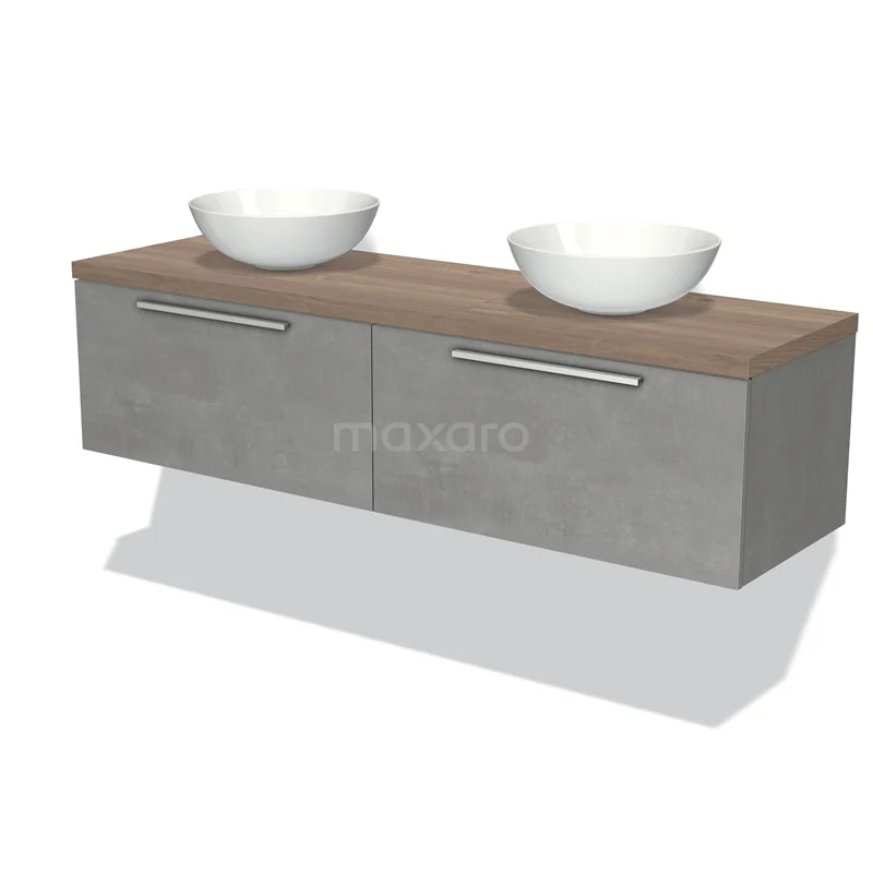 Modulo Plato Vanity units for countertop basin | 160 cm Light grey concrete Flat front Mid brown oak worktop 2 Side-by-side drawers BMK12-01103
