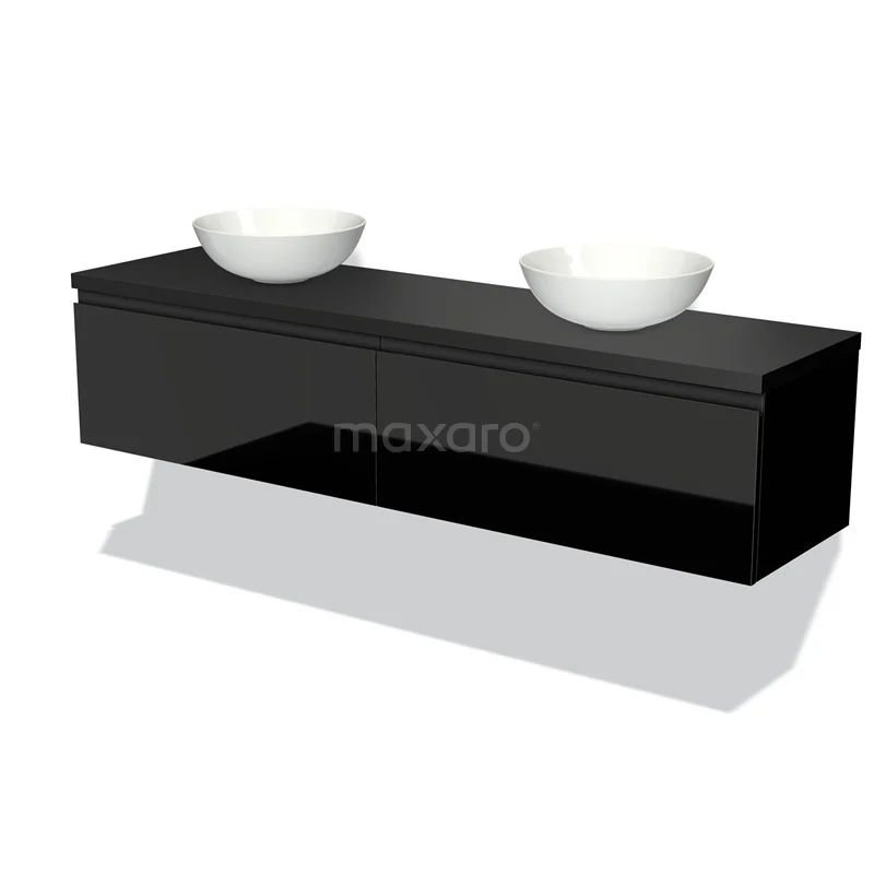 Modulo Plato Vanity units for countertop basin | 180 cm High-gloss black Handle-less front Matte black worktop 2 Side-by-side drawers BMK12-01197