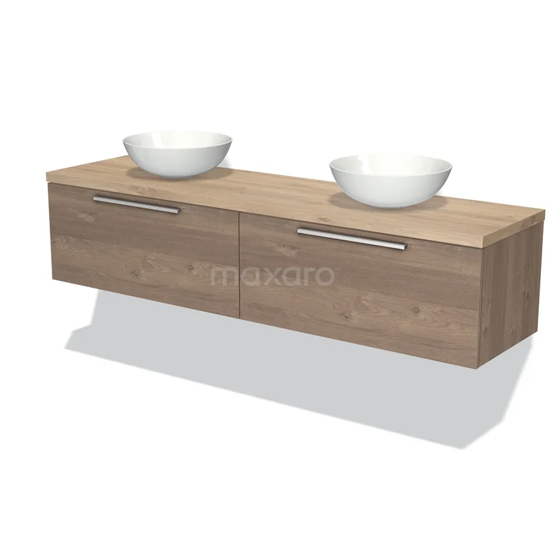 Houten badkamermeubel met dubbele spoelbak, zwevend design en strakke handgrepen, perfect voor een moderne badkamer.