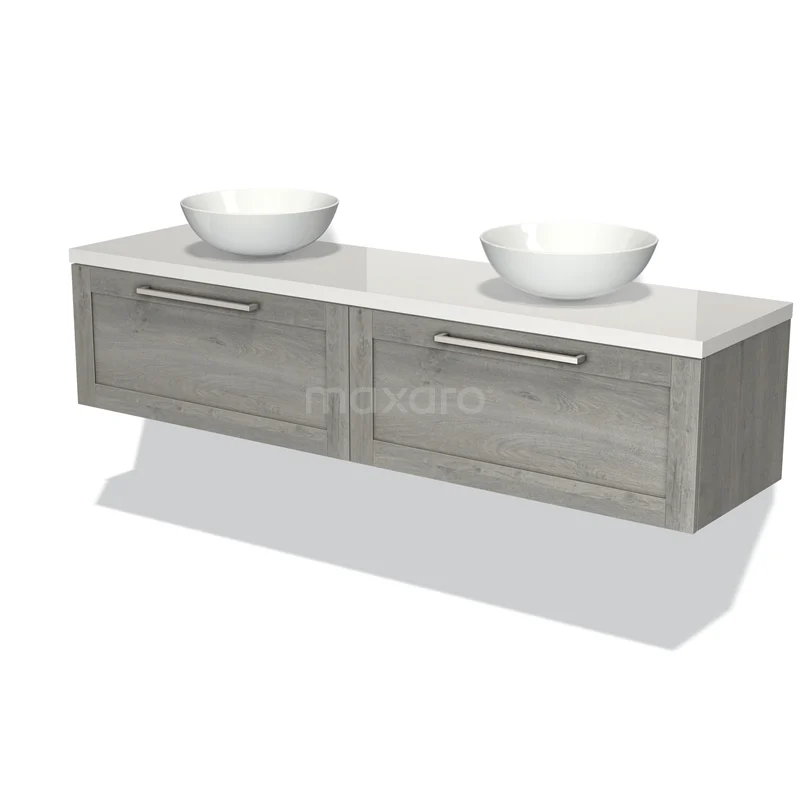 Badmöbel für Waschtischunterschrank mit Konsole 180cm Modulo Plato Graue Eiche 2 Schubladen Rahmen Hochglanz Weiß Platte BMK12-01268 Grauer hängender Badschrank mit zwei weißen Aufsatzwaschbecken, modernes Design, Holzlook-Oberfläche, ideal für ein stilvolles Badezimmer.