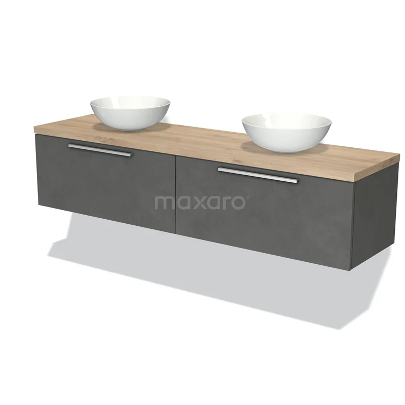 Modulo Plato Vanity units for countertop basin | 200 cm Dark grey concrete Flat front Light brown oak worktop 2 Side-by-side drawers BMK12-01986