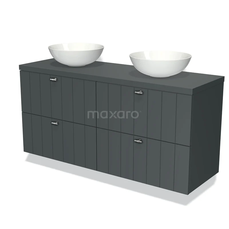 Donkergrijze houten badkamermeubel met dubbele wastafel, moderne designserie en ruime opbergladen.
