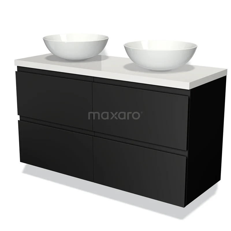 Black vanity unit with double white countertop wash basins, sleek design and spacious storage drawers, perfect for modern bathroom design.