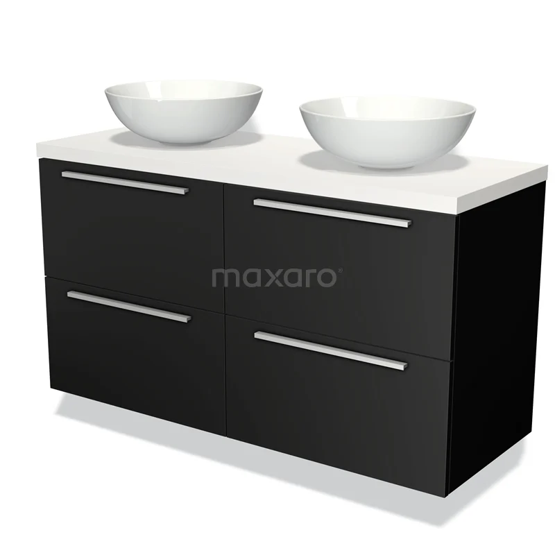 Zwarte badkamermeubelset met twee witte wastafels, strak design en chromen handgrepen, ideaal voor moderne badkamers.