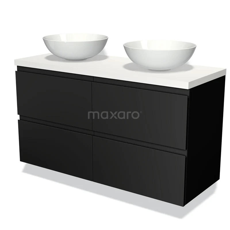 Zwarte badkamerkast met twee witte waskommen, moderne hoogglans afwerking en strak design voor een stijlvol interieur.