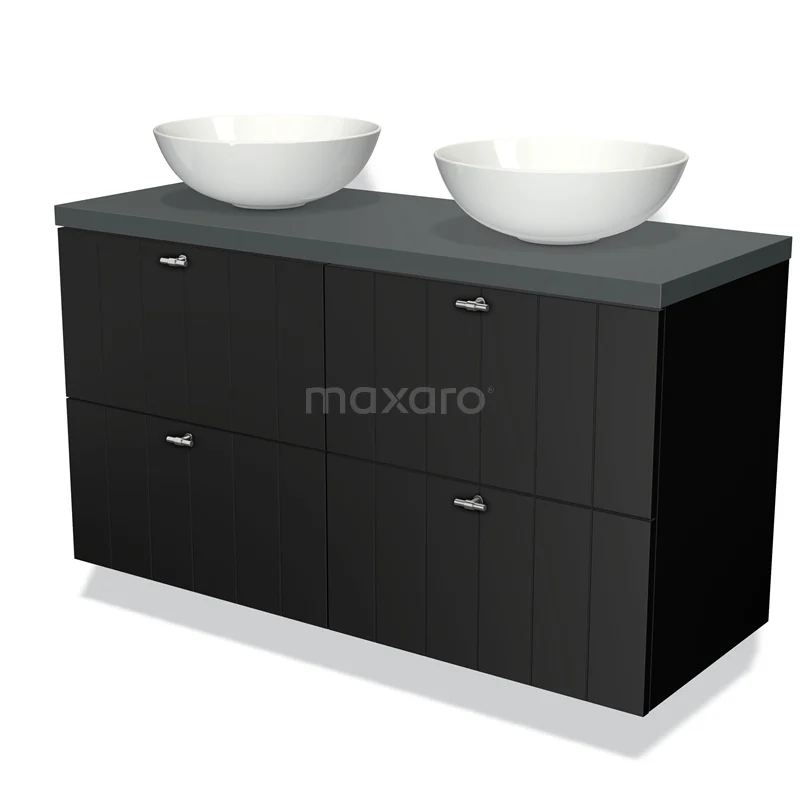Badmöbel für Waschtischunterschrank mit Konsole 120cm Modulo Plato Matt Schwarz 4 Schubladen Latte Dunkelgrau Platte BMK18-00124 Schwarzer Badschrank mit Doppelwaschbecken, moderne graue Oberplatte und weißen komförmigen Waschbecken, elegantes Design.