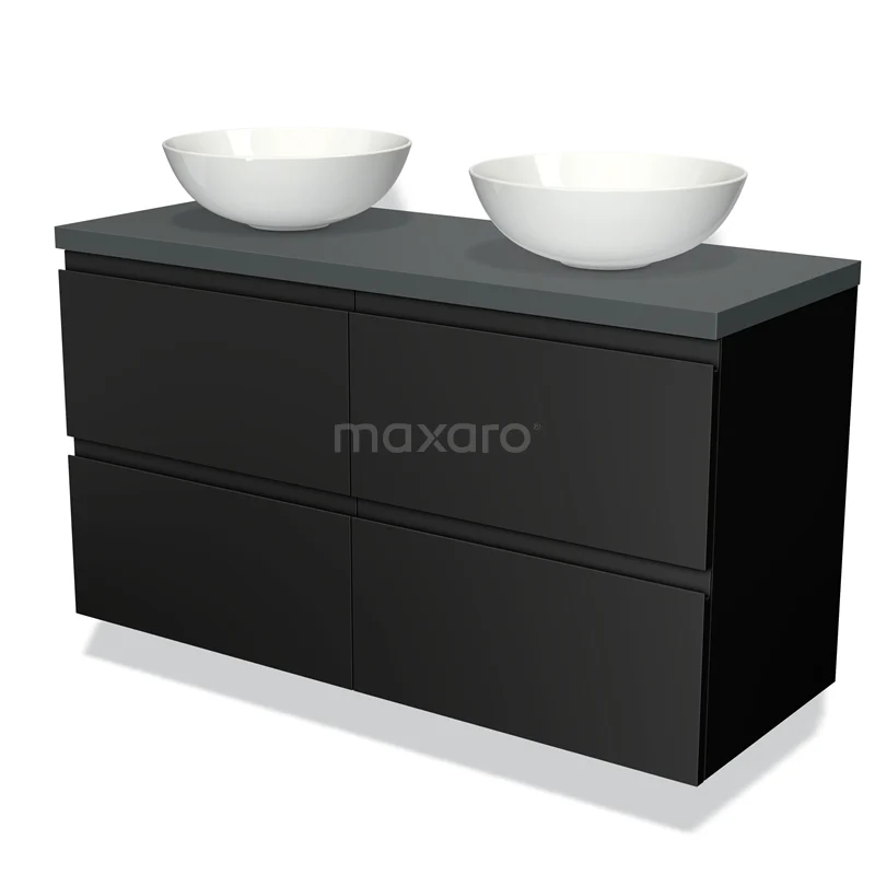 Badmöbelunterschrank mit Konsole 120cm Modulo Plato Matt Schwarz 4 Schubladen Grifflos Dunkelgrau Platte BMK18-00125 Schwarze Badmöbelset mit zwei weißen Aufsatzwaschbecken, schlichtes Design und mattem Anthrazit Platte, geeignet für moderne Bäder.