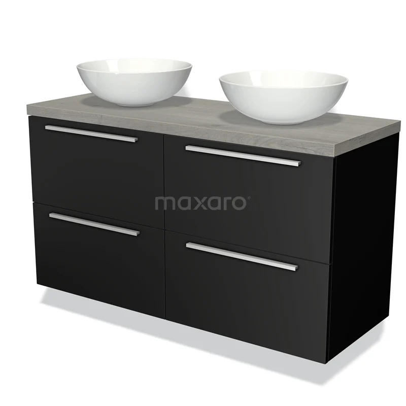 Zwarte wastafelmeubel met dubbele waskommen, grijze betonnen blad en chromen handgrepen, ideaal voor moderne badkamers.