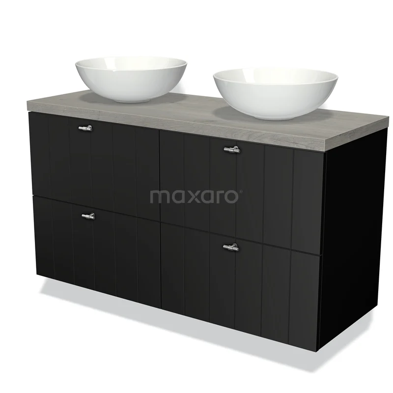 Zwarte badkamermeubel met grijs blad, dubbele witte waskommen en zes lades; modern design voor stijlvolle badkamer.