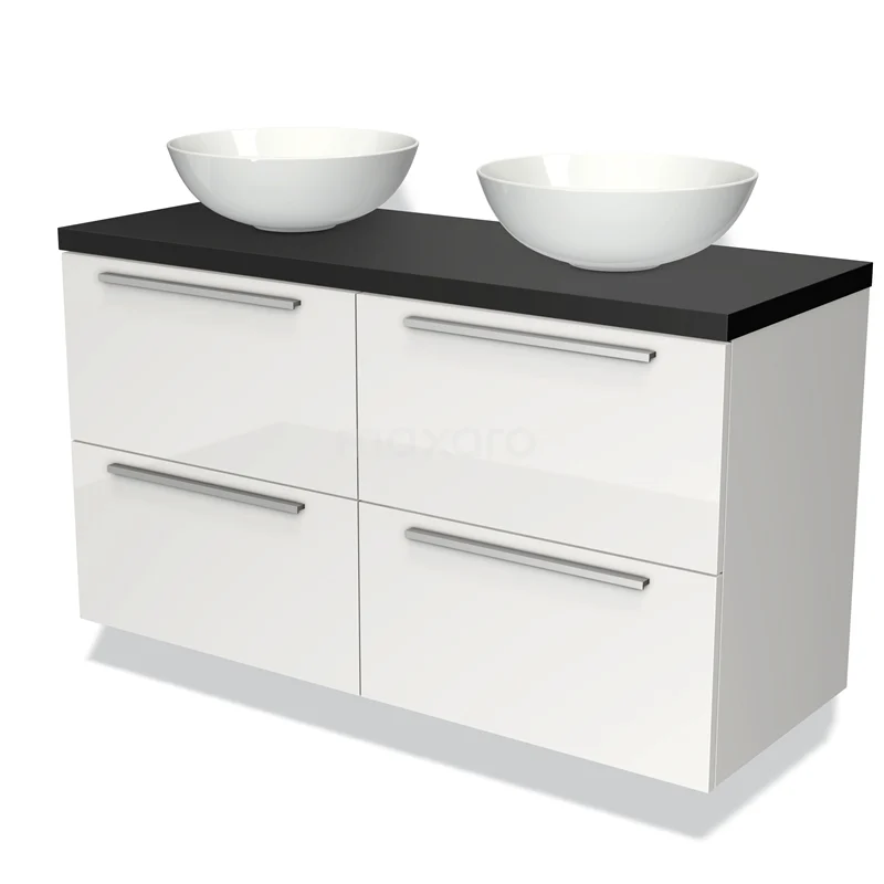 Wit badkamermeubel met zwarte bovenblad, vier lades en twee keramische waskommen, modern design.