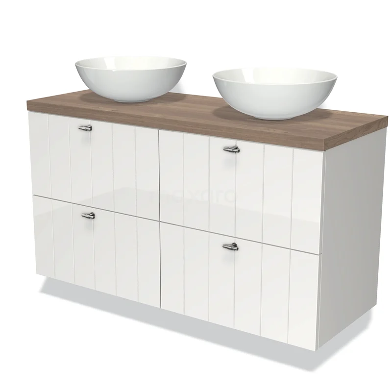 Wit badkamermeubel met houten blad, dubbele ronde wastafels, moderne stijl, perfect voor een stijlvolle badkamer.