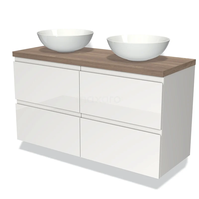 Wit badkamermeubel met houtlook blad, dubbele waskom en soft-close lades, ideaal voor een moderne badkamerstijl.