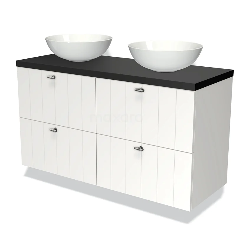 Badmöbel für Waschtischunterschrank mit Konsole 120cm Modulo Plato Matt Weiß 4 Schubladen Schiefer Matt Schwarz Platte BMK18-00232 Weißes Holz Badezimmermöbel mit schwarzer Platte, Doppelwaschbecken und 4 Schubladen. Perfekt für ein modernes Badezimmer.