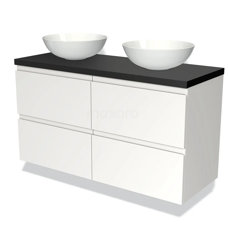 Badmöbelunterschrank mit Konsole 120cm Modulo Plato Matt Weiß 4 Schubladen Grifflos Matt Schwarz Platte BMK18-00233 Weißes Badmöbel mit schwarzer Platte und doppelten runden Waschbecken, elegantes Design, ideal für moderne Bäder.