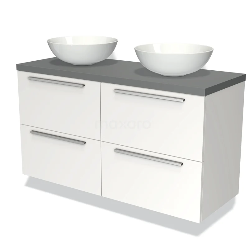 Badmöbel für Aufsatzwaschbecken 120cm Modulo Plato Matt Weiß 4 Schubladen Flach Mittelgrau Platte BMK18-00234 Weißes Badezimmermöbel mit grauer Oberseite, Doppelwaschbecken, vier Schubladen und metallischen Haltegriffen. Modernes Design.